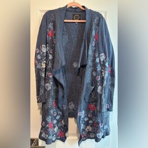 Johnny Was Biya Blue & Red Floral Embroidered Cardigan. Limited Edition